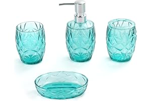 AJEUNGAIN Acrylic Teal Blue Bathroom Accessories Set, Modern Design Luxury Bathroom Set with Bathroom Soap Dispenser Set, Soap Dish, Toothbrush Holder, Tumbler (Transparent Blue, 4 Pieces)