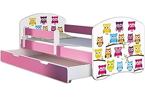 Kinderbett Jugendbett mit einer Schublade und Matratze Rausfallschutz Rosa 70 x 140 80 x 160 80 x 180 ACMA II (31 Eule, 80 x 180 cm mit Bettkasten)