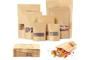Ziamzra Bolsas Papel Kraft 40 Piezas Bolsa Papel Alimentos 10X15cm Reutilizables Bolsa Kraft con Ziplock Bolsa Kraft Ventana para Nueces Café Hojas Té Especias Flores Caramelo Secas Guardar Alimentos
