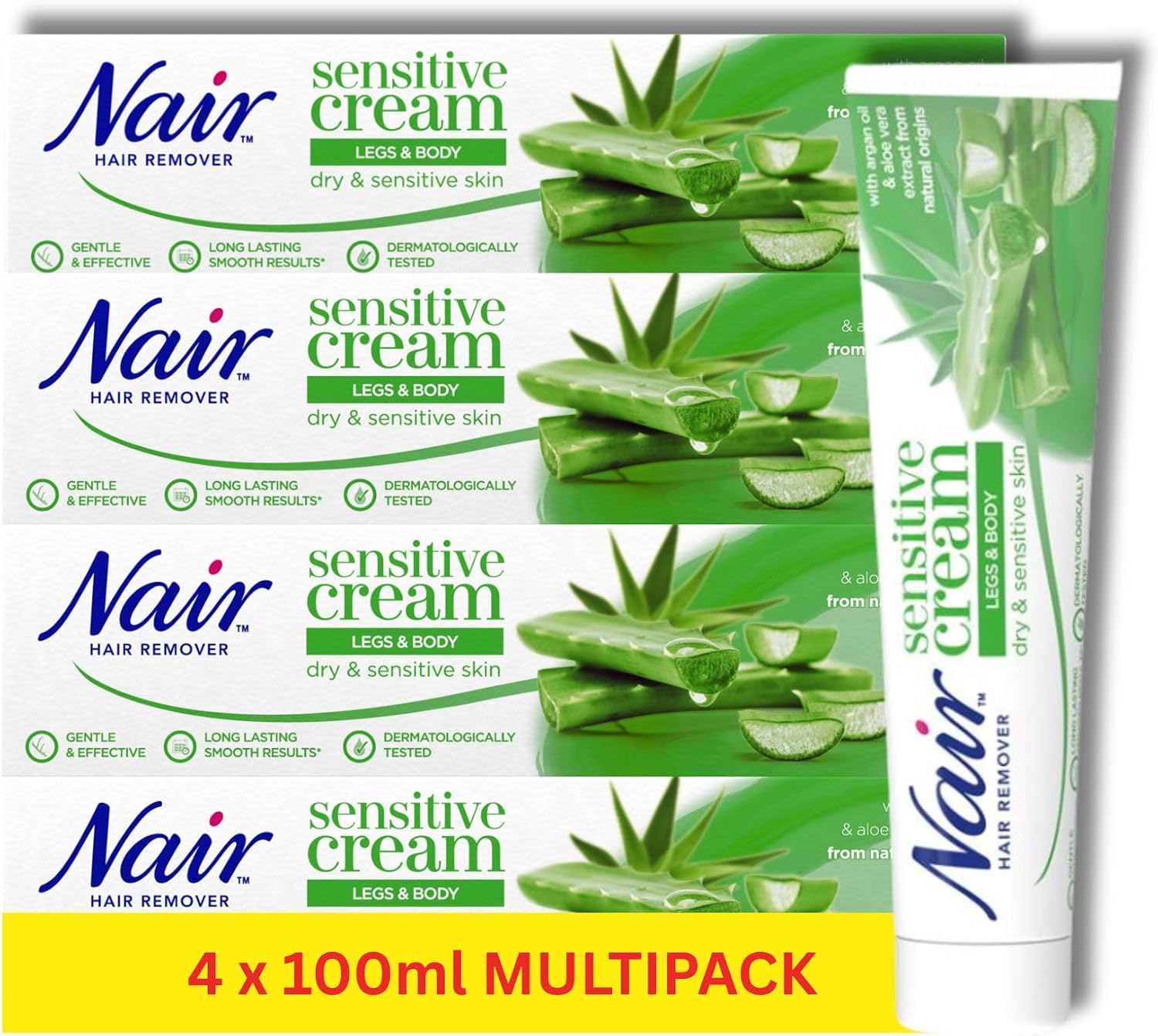 Nair Sensitive Hair Removal Cream Multipack for Dry & Sensitive Skin – Legs & Body with Argan Oil & Aloe Vera – Gentle Nair Hair Removal Cream – 100ml x 4