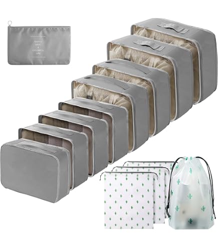 Lot De 12 Organisateurs De Valise - Cubes De Rangement Imperméables, Sacs à Vêtements, Cosmétiques, Chaussures (Beige)