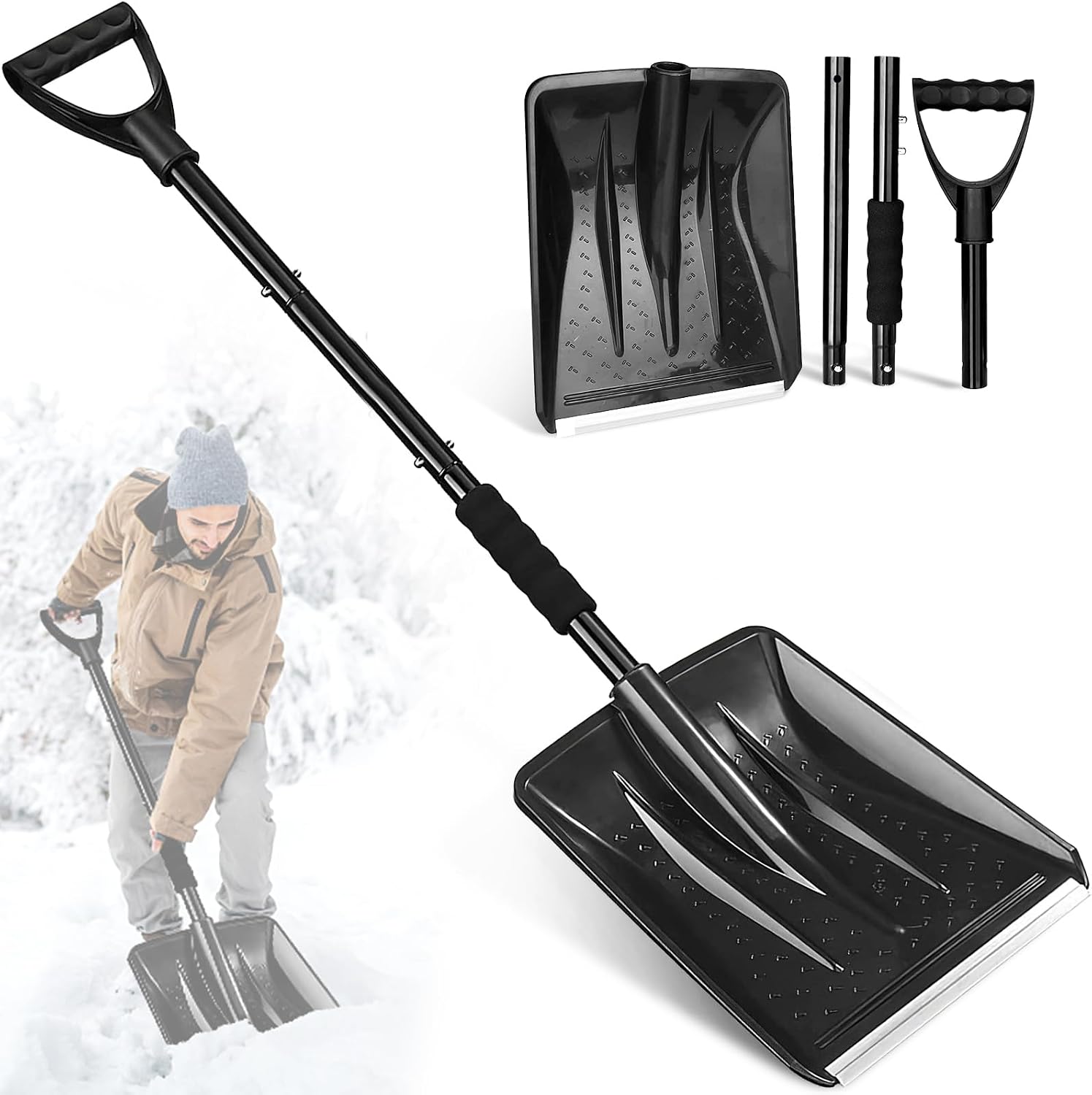 Pala Nieve, Carretilla Elevadora de Nieve de 108 cm, Diseño Desmontable de 4 Piezas, Pala de Nieve Ajustable Portátil Ligera, Gran Capacidad, Muy Adecuada para Jardines, Conducción de Automóviles
