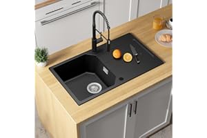 ANYCEE 78x45CM Evier Noir 1 Bac avec Égouttoir, Evier Granit Noir pour Meuble Bas à Partir de 45CM, Évier Cuisine 1 Bac avec 80% de Sable de Quartz, Siphon et Trop-Plein