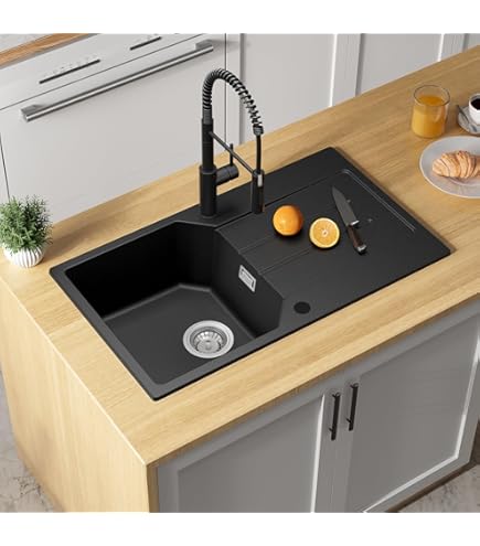 AXIS KITCHEN Malibu 10 Spülbecken - Schwarze Granitspüle Ø51cm Mit Komplettem Zubehör