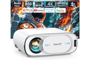 ‎JIMVEO Beamer 4K【Auto-Objektivabdeckung/Autofokus/6P/6D Keystone】 850ANSI 1080P Full HD WiFi6 Bluetooth5.2 Projektor, Jimveo 400" Display Video Beamer Klein Heimkino Unterstützt 4K mit 50% Zoom für Innen