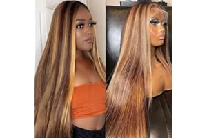 28 inch Ombre Highlight 13x4 HD Lace Front Wigs Straight Human Hair 180% Density MSGEM Transparent 4/27 Highlight Straight Hair Lace Front Human Hair Wigs for Black Women Pre Plucked With Baby Hair