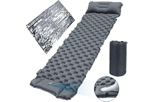 Jirmerp Colchoneta autoinflable para camping, autoinflable, con bomba de prensa de pies, colchón portátil para camping, con almohada integrada con manta de rescate premium