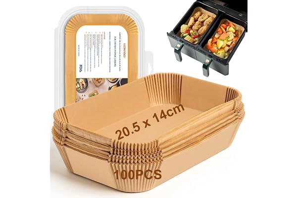 HONYAO Papier Cuisson pour Ninja Air Fryer, 100 Pièces 20,5x14cm Rectangulair Paper Liners Friteuse Sans Huile Accessoires compatible avec Ninja Foodi Dual Zone Double Stack et autres Double Airfryer