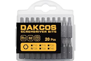 DAKCOS Juego de puntas de destornillador de estrella Torx de T25 de 20pc, acero S2 longitud de 25mm
