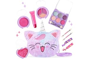 Prinbarbee Toddler Makeup Kit Age 3-4 with Mini 5x4.3in Coin Purse,Real, Non Toxic, Washable Make Up Toy for Little Girls,Unicorn Play Makeup Set for Kids 3-12,Birthday (Tie-Dye Purple)