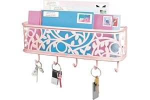 mDesign Guardallaves con Cesta metálica para Pasillo y Cocina – Compacto Llavero de Pared con Bandeja para Cartas y 5 Ganchos para Colgar – Colgador de Llaves de Metal para Montaje en Pared – Rosa