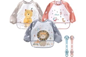 ANGNYA 3 Pcs Long Sleeve Bib Baby Waterproof Bibs with Great Capacity Pocket, Stain and Odor Resistance Toddler Sleeved Bib Baby Bibs for Eating (6-36 Months)