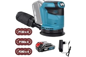 WAKKAPEINT Akku Exzenterschleifer 18V,Bürstenmotor Akku-Exzenterschleifer, 12PCS 125MM Schleifpapier, 6 Leistungsstufe,Zum Wachsen und Polieren von Holz und Metall (1 x 3000mAH Akku und Ladegerät)