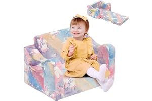 Kidirect Kindersofa Ausklappbar 2 in 1, Kinder Sofa Kinderzimmer aus Samt mit Schaumstoff, Kindercouch Kindersofa mit 8cm dicken Armlehnen, Sofa Kinder für Kuschelecke Kinderzimmer, Regenbogen Einhorn