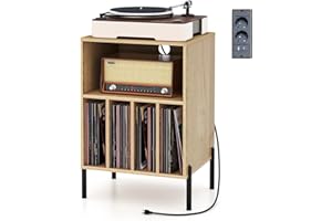 GIANTEX Tavolino da Letto Mobile Giradischi con Base di Ricarica, Comodino per 150 Album, 2 Porte USB, 1 Tipo C, 5 Scomparti, Gambe in Metallo, Supporto per Giradisco, 53 x 45 x 78 cm