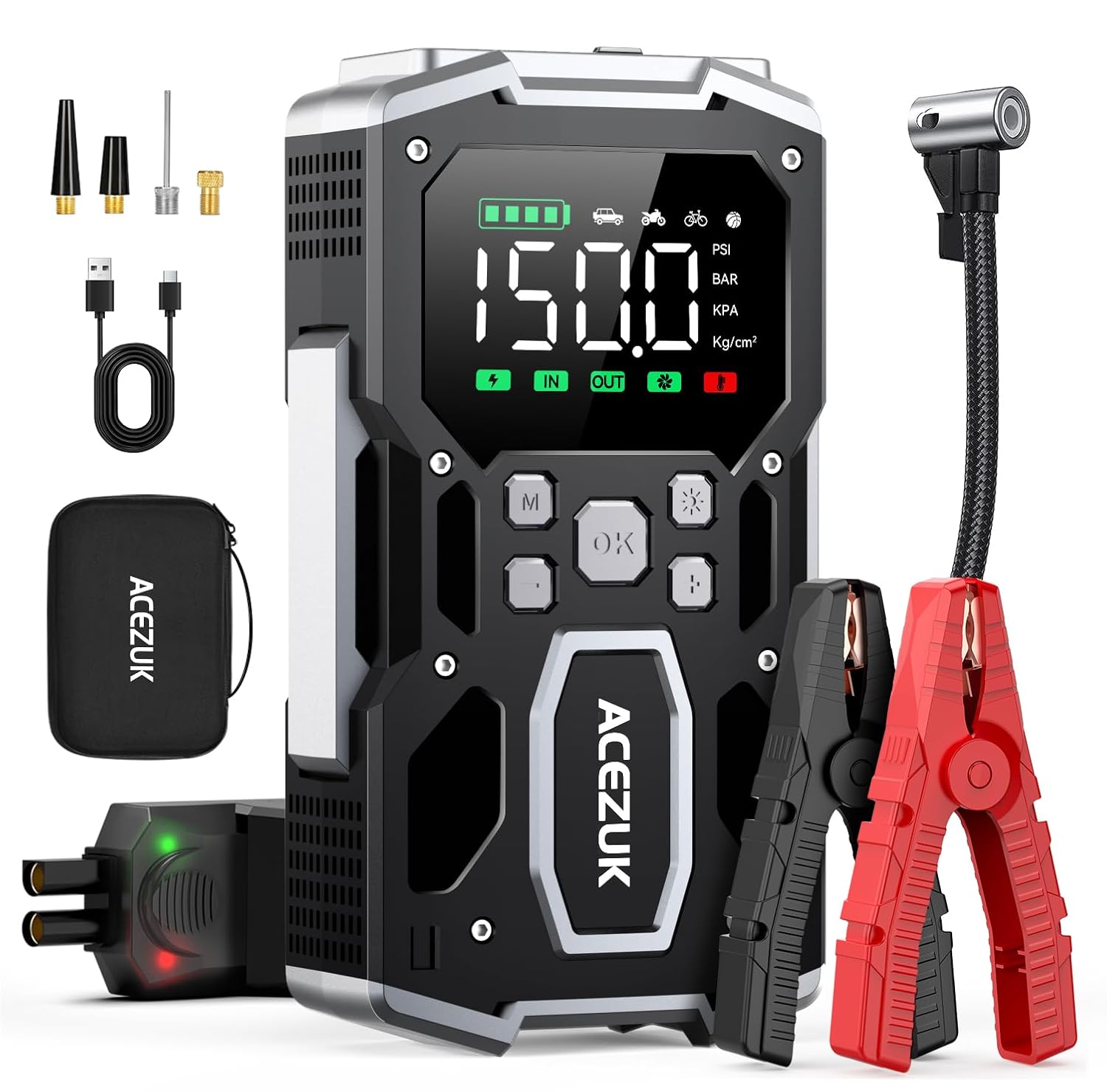 ACEZUK Avviatore Batteria Auto,9000A & 150PSI Avviatore di Emergenza per Auto con Compressore Aria Portatile (All Gas or 10.0L Diesel) 12V Jump Start,2 Luci/ 3.4" LCD Display