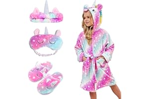 Piefry Weicher Einhorn-Bademantel mit Kapuze für Mädchen mit Einhorn-Pantoffeln, Augenbinde und Stirnband - Geschenke für Mädchen