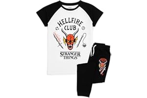 Stranger Things Kids Pyjama Set | Hellfire Club Short Sleeve T-Shirt and Black Loungepants PJs For Boys & Girls | Eddie Eleven Mike Dustin Max Members | Co-Ord Nightwear Netflix Series Merchandise