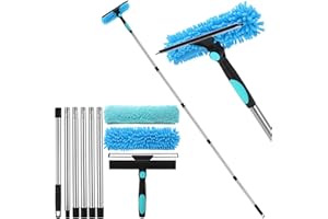 HALINUIA 2 in 1 Professionale Raschietto per Vetri, Kit di Pulizia Vetri con Manico Telescopico 240 cm, Lavavetri Telescopico con Testa Flessibile, per Finestre Alte Interni, Blu