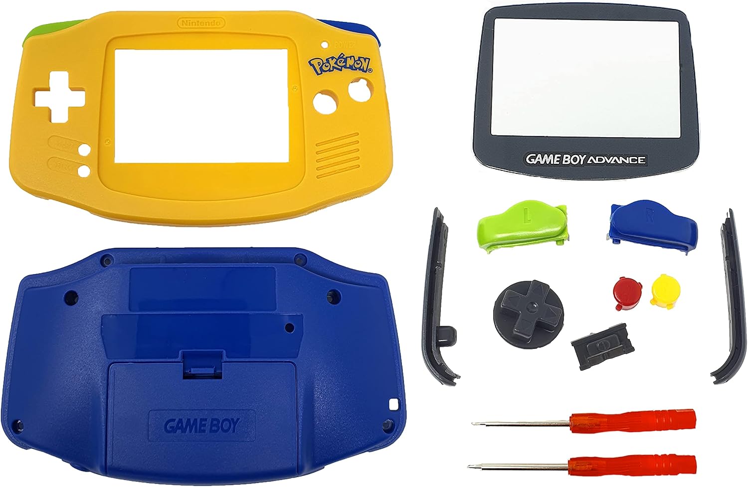 THE TECH DOCTOR Replacement Gameboy Advance Complete Shell Housing Case, Screen Lens & Buttons for Nintendo Gameboy Advance - Professional Repair Kit Including Tools (Pokemon Yellow/Blue)