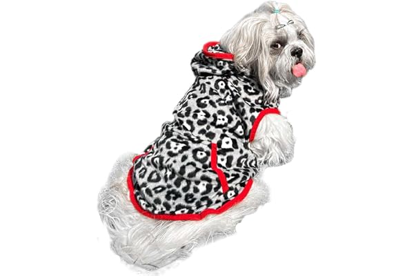 Lulala Dog Hoodie Fuzzy Dog Sweater with Leash Hole and Pocket Warm Soft Cozy Hooded Sweatshirt Fleece for Small Dog & Cat (Black, Grey-16Inch)