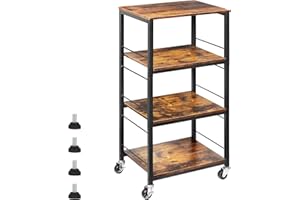 CADUKE Rolling Kitchen Cart Industrial Serving Cart 4 Tier Wood Utility Island on Wheels Rolling Bar Cart with Storage Farmhouse Microwave Table Serving Trolley Stand for Bathroom Living Room, Brown