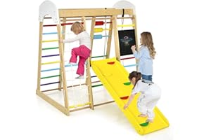 DREAMADE Aire de Jeu 8 en 1 Pliable, 124 x 119 x 138CM, Cadre d'escalade en Bois pour Enfant 3+ Ans, avec Toboggan, Balançoire, Échelle Escalade, Mur, Filet (Coloré)