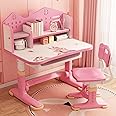 balurukt Kids Adjustable Study Desk Chair Set w/Bookshelf Drawers,Storage Height Adjustable Children School Study Writing Tables Castle Backboard,Widened Desktop,Child Table,Pink Pink