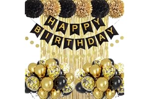 TOPHOPE Geburtstag Dekoration Set, Mann Frauen Geburtstagsdeko, Schwarz Gold Happy Birthday Banner, Luftballons DIY Party Papier Pompoms Lametta Vorhang für Jungen Mädchen Geburtstag Deko Party Supplies