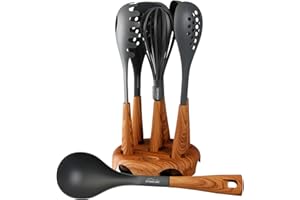 ‎STONELINE STONELINE Back to Nature 8-teiliges Küchenhelfer Set, Holzoptik, drehbarer Ständer, Kochbesteck für antihaftbeschichtes Koch- und Backgeschirr, stylisches Küchen Zubehör