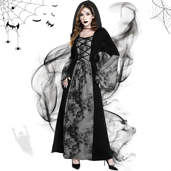 W WIDMANN Hexenkostüm Für Erwachsene – Kleid Mit Hut, Größe M, Mit Fledermaus- & Spinnen-Motiv