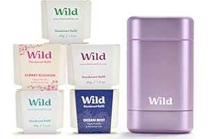 Wild - Déodorant Naturel Rechargeable - Etui Violet avec Lot Varié de Recharge - Comprend Cotton & Sea Salt, Cherry Blossom, Coconut & Vanilla, Mint & Aloe Vera et Ocean Mist