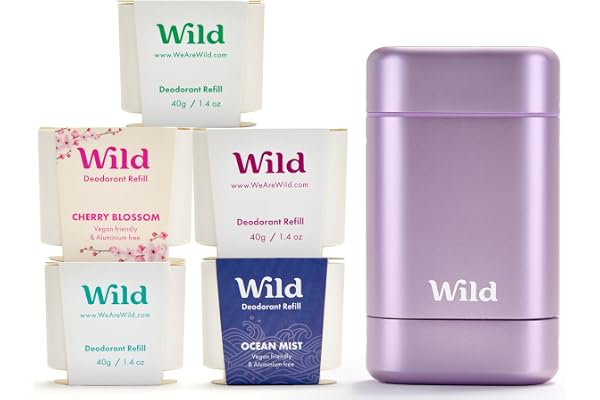 Wild - Déodorant Naturel Rechargeable - Etui Violet avec Lot Varié de Recharge - Comprend Cotton & Sea Salt, Cherry Blossom, Coconut & Vanilla, Mint & Aloe Vera et Ocean Mist