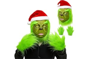 DXPETA 3 PCS Green Monster Mask and Gloves Hat, Realistic Big Monster, Furry Scary Monster Costume Props Latex Full Head Cosplay Headpiece with Santa Hat Wig for Women Men