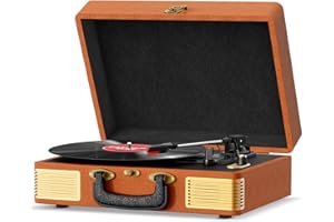 FYDEE Platine Vinyles, Tourne Disque Bluetooth Portable Vintage en Cuir avec 3 Vitesses (33/45/78 RPM), 2 Haut-Parleurs Intégrés, Entrée RCA, Fonction d'Arrêt Automatique, Marron
