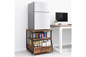 PUNCIA 3-stüfiger Kühlschrankständer auf Rollen Kühlschrankhalter mit Schublade Untergestell für Kühlschrank Sockel Unterstand für Gefrierschrank Küche Wohnzimmer Arbeitszimmer Büro Retro