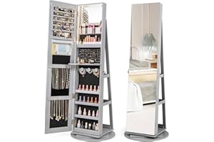 Multigot 3-Color LED Lights Jewellery Cabinet, 3-in-1 360° Swivel Jewelry Armoire with Full-Length Mirror, Lockable Cosmetic Storage Organizer for Dressing Room Living Room Bedroom (Grey)
