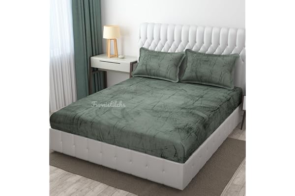 Furnistitchs Velvet Warm Winter Solid Flannel Elastic Fitted Bedsheets for Double Bed King Size 90x100 inches with 2 Pillow Covers Double Bed Warm Bedsheet with Elastic - Fitted Bottle Green, 200 tc
