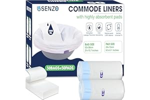 USENZO Commode Liners with Absorbent Pads | Value Pack 50 Count Universal Fit | Bedside Commode Liners Disposable and Pads for Adult Commode Chairs(50Bags + 50Pads)