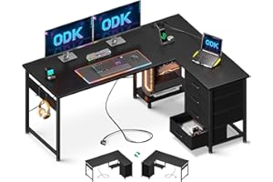 ODK Biurko narożne z 4 szufladami, biurko w kształcie L z gniazdkiem i portem USB, Odwracalne biurko z miejscem do przechowywania do home office (Czarny, 135×100 cm)