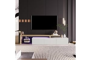 JOROBURO Mobile TV moderno con luci LED variabili, 3 ante e ripiani in vetro, elegante credenza per soggiorno (bianco) (Bianco)