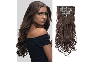 FESHFEN Extensiones de Cabello con Clips, Ondulado Castaño 7 PCS 16 Clips Cabello Extensiones con Clips Postizos Sintética Ondulado Rizado Extensiones de Pelo para Mujeres 50 cm