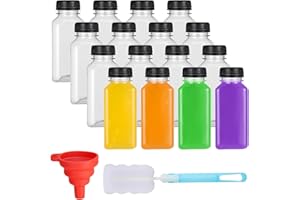 Opopark Confezione da 16 bottiglie in plastica da 250 ml con tappo a chiusura ermetica, imbuto per versare e pennello, bottiglie vuote riutilizzabili, bottiglie trasparenti per frullati, per succhi di