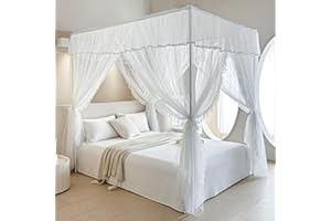 AIKASY 4 Corners Post Ruffle Princess Bed Canopy Curtain - Double Layer Cozy Drape Netting with 4 Openings - Elegant Mosquito Net for Girls and Adults Bedroom Decoration (White, King)