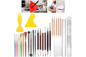 Glarks 26Pcs Carving Modeling Clay Sculpting Tool Set Pottery Sculpture Tool, Plastic Modeling Tool, Dual-End Dotting Clay Tool, Scraper, Paint Brush, Ruler, Acrylic Clay Roller, Acrylic Sheet