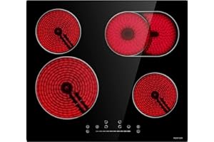 NOXTON Ceramic Hob, Built-in 4 Ring Electric Hobs 59 cm with Extended Zone Slide Control Timer Noise-free Safe Lock Heat Indicator Auto Shut-off Black Glass