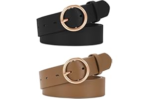 WERFORU Pack de 2 cinturones de piel para mujer, pantalones vaqueros, moda para mujer, cinturón de cuero con hebilla de anillo dorado