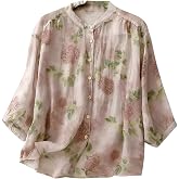 Gufrina Women’s Light Rose Floral Printed Button Down Shirt with Mandarin Collar and Relaxed Fit 3/4 Sleeves
