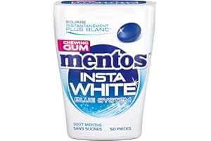 MENTOS GUM Chewing Gum Bottle Insta White Parfum Menthe Blancheur sans Sucres Haleine Fraîche Sourire Éclatant Boite de 50 Dragées 75 g