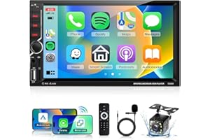 Double Din Car Stereo with Wireless Carplay Android Auto, Podofo 7 inch HD IPS Touch Screen Bluetooth Radio, Mirror Link, FM, EQ Audio, SWC, Backup Camera, External Mic, TF/Aux/USB+Type-C Ports